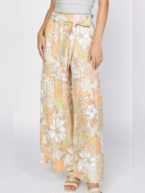Current Air Pants - NWT Current Air Floral Tie-Waist linen Wide Leg Pants in Orange, Cream Tan small